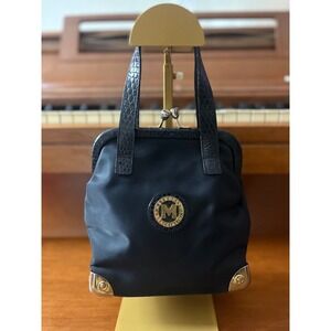 Metrocity di Braccialini Black Nylon Leather Kiss Lock Frame Bag Made in Italy